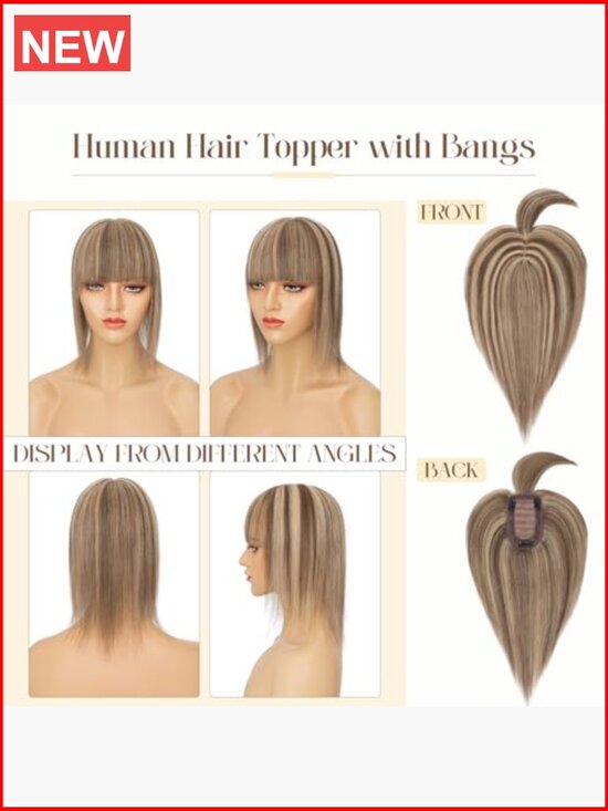 100% Real Human Hair Topper with Bangs - Silk Base Clip In Hair Piece for main image 5